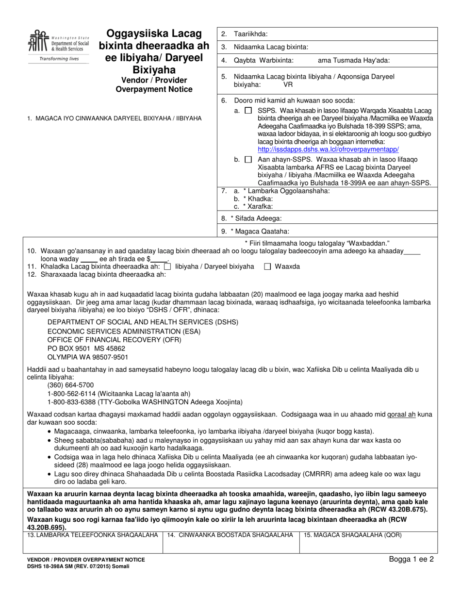 DSHS Form 18-398A Vendor / Provider Overpayment Notice - Washington (Somali), Page 1