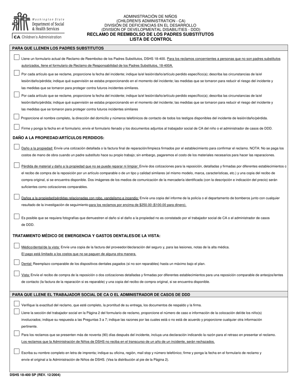 DSHS Formulario 18-400 Reclamo De Reembolso De Los Padres Substitutos Lista De Control - Washington (Spanish), Page 1