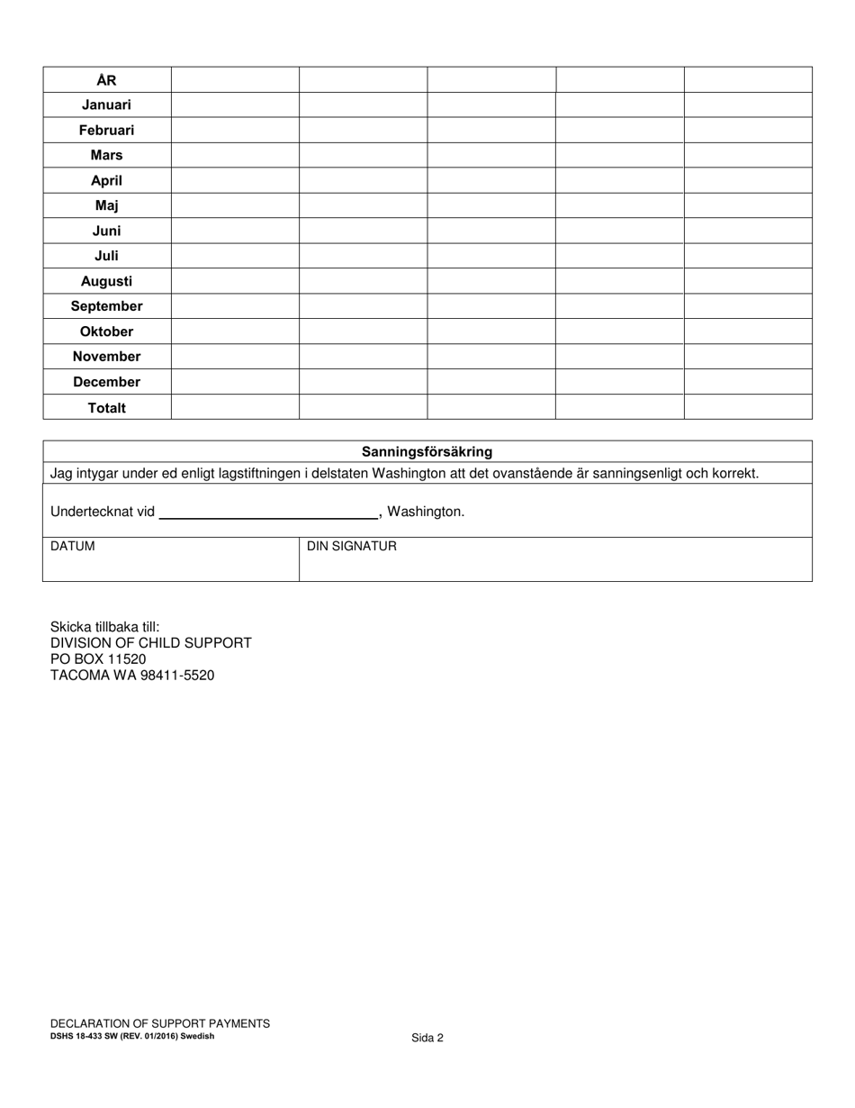 DSHS Form 18-433 Declaration of Support Payments - Washington (Swedish), Page 2