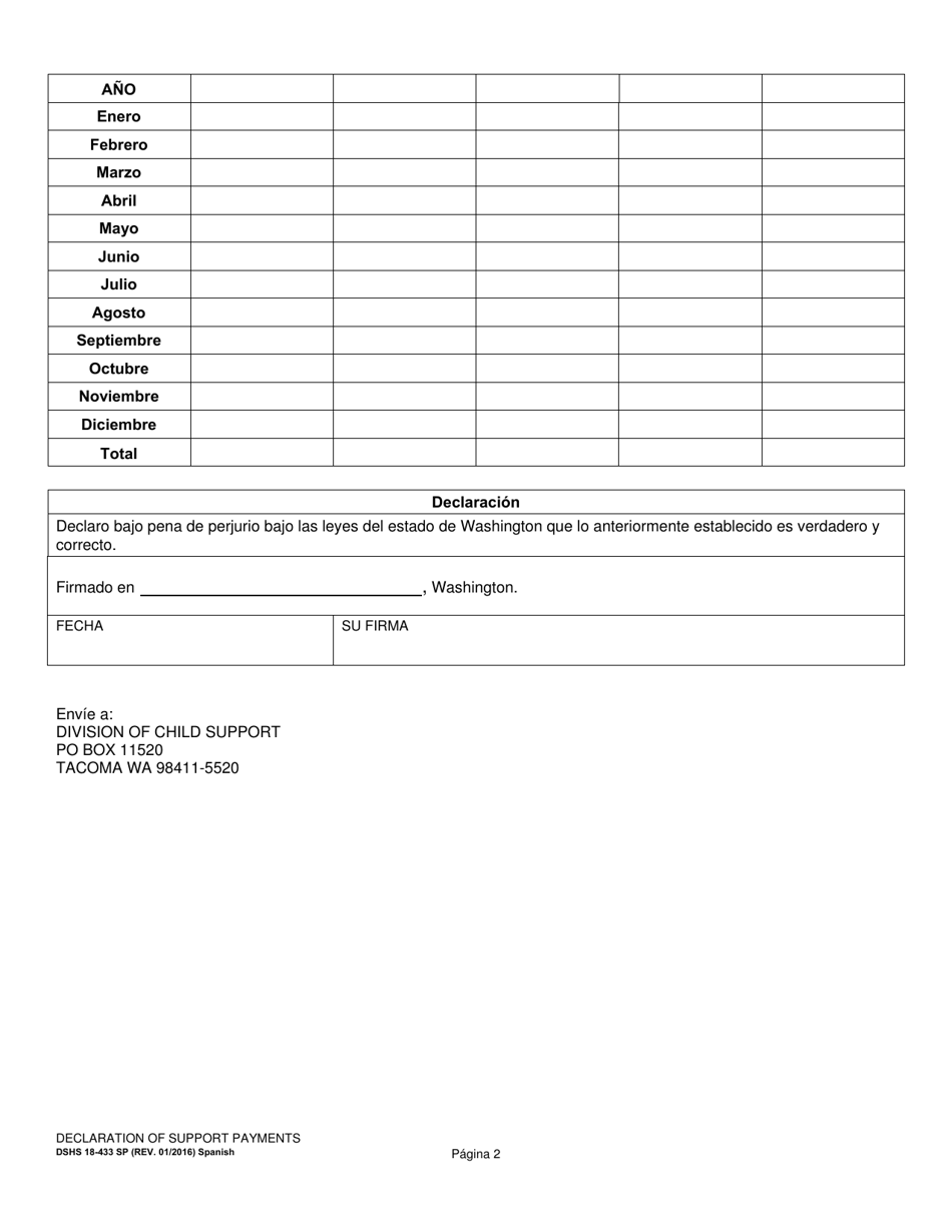 DSHS Formulario 18-433 Declaracion De Pagos De Manutencion - Washington (Spanish), Page 2