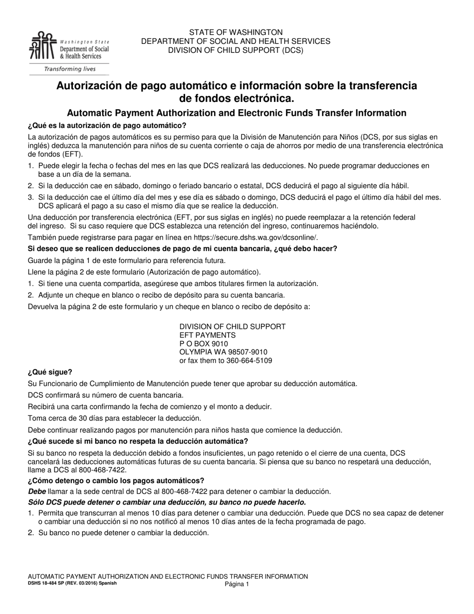 DSHS Formulario 18-484 Autorizacion De Pago Automatico E Informacion Sobre La Transferencia De Fondos Electronica - Washington (Spanish), Page 1