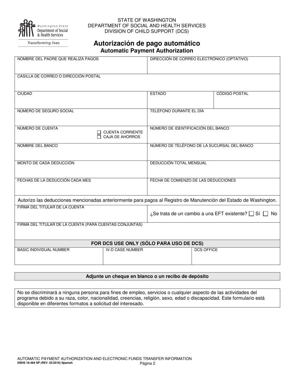 DSHS Formulario 18-484 Autorizacion De Pago Automatico E Informacion Sobre La Transferencia De Fondos Electronica - Washington (Spanish), Page 2