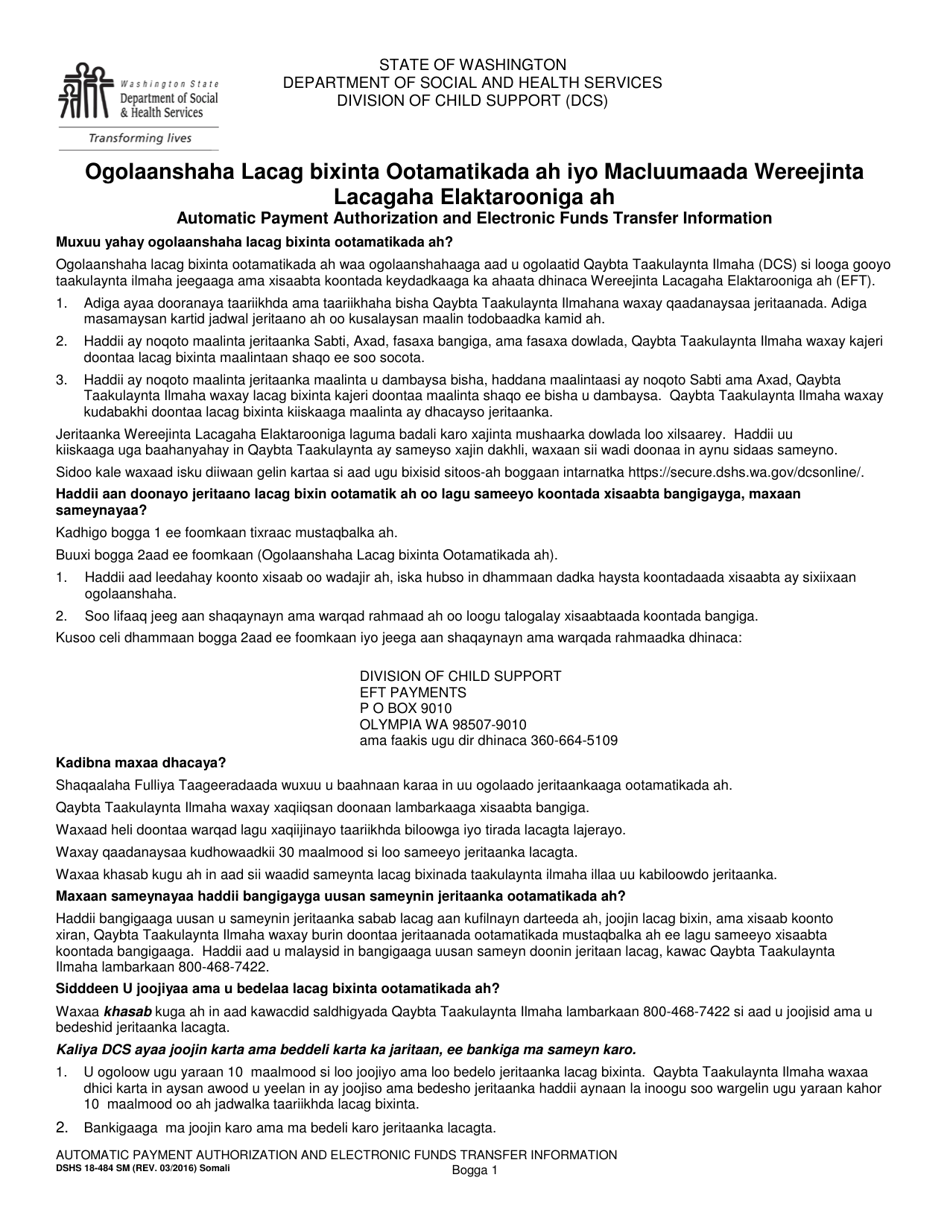 DSHS Form 18-484 Automatic Payment Authorization and Electronic Funds Transfer Information - Washington (Somali), Page 1
