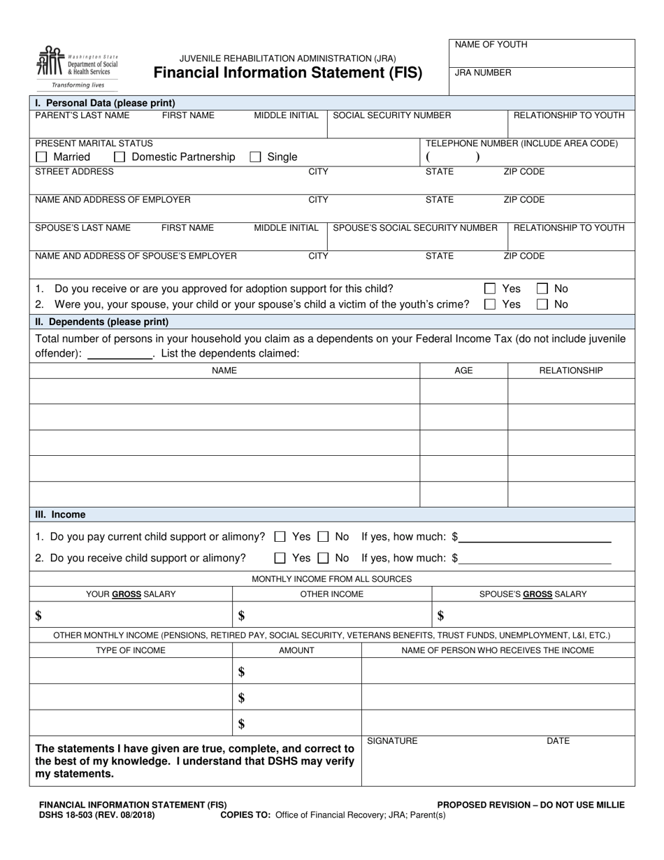 DSHS Form 18-503 Financial Information Statement (Fis) - Washington, Page 1