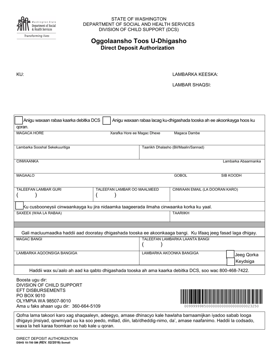 DSHS Form 18-700 Direct Deposit Authorization - Washington (Somali), Page 1