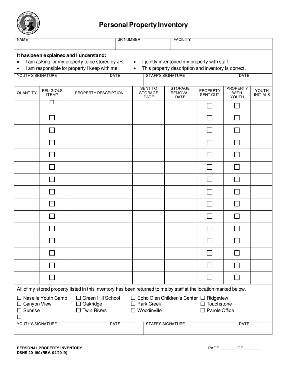 DSHS Form 20-190 Personal Property Inventory - Washington, Page 1