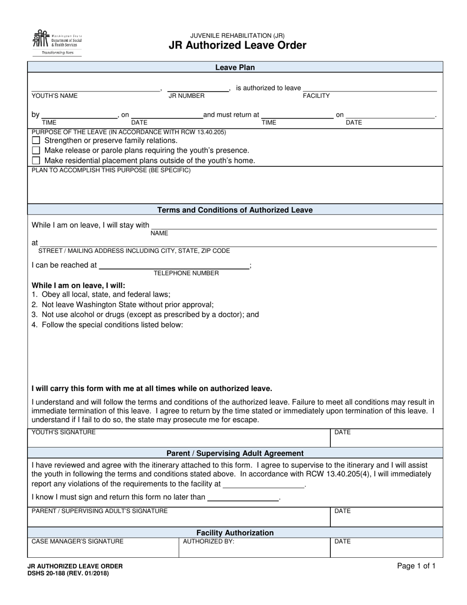 DSHS Form 20-188 Juvenile Rehabilitation (Jr) Authorized Leave Order - Washington, Page 1