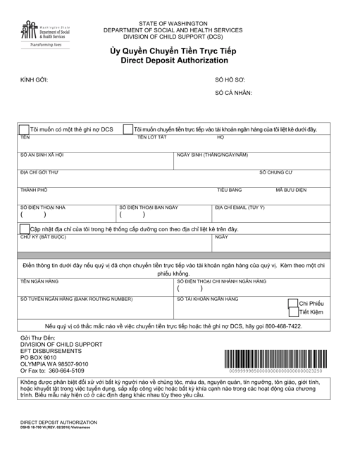 DSHS Form 18-700 Direct Deposit Authorization - Washington (Vietnamese)