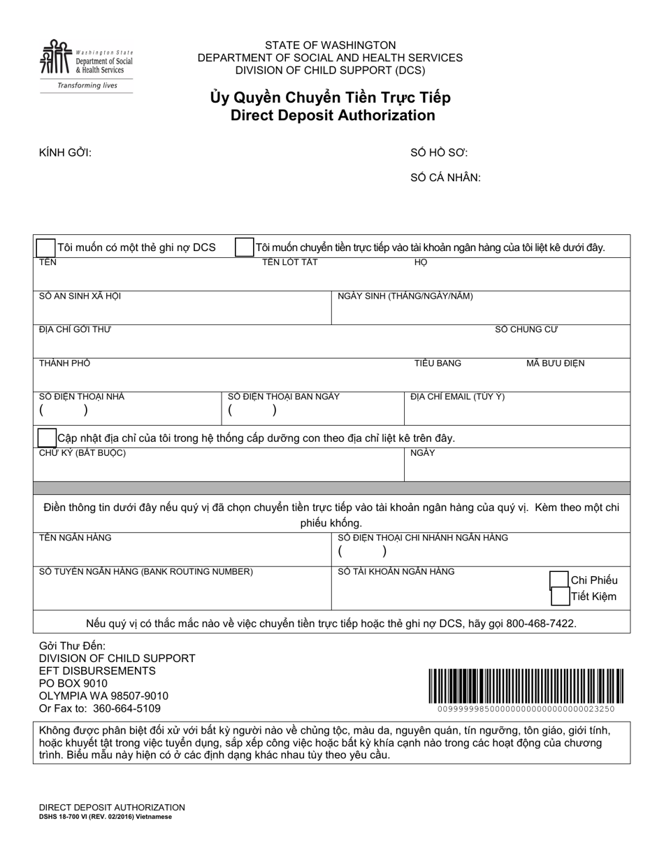 DSHS Form 18-700 Direct Deposit Authorization - Washington (Vietnamese), Page 1