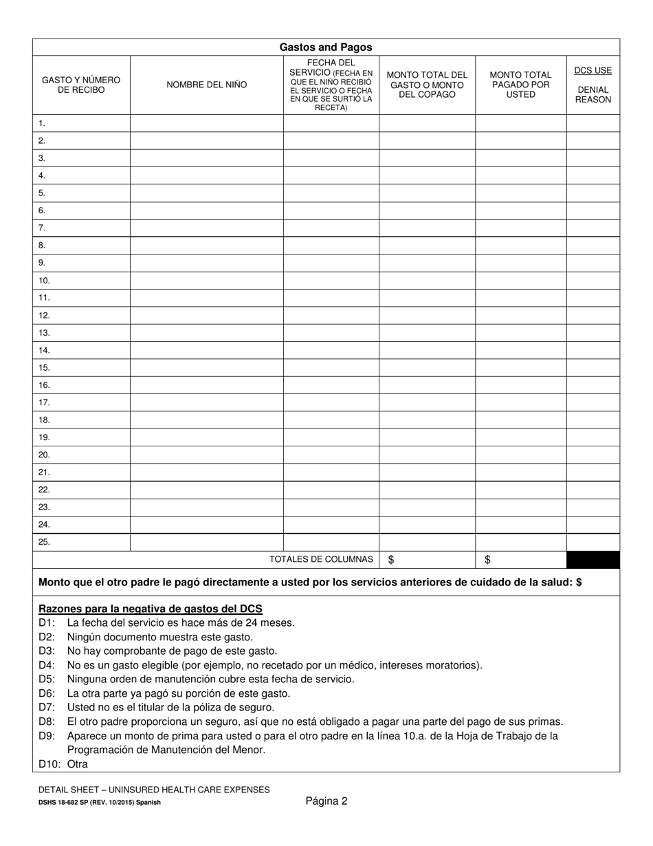 DSHS Formulario 18-682 Hoja De Detalles - Gastos De Cuidado De La Salud No Cubiertos Por El Seguro - Washington (Spanish), Page 2