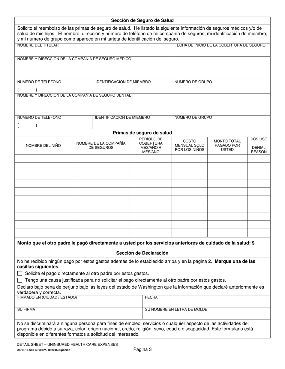 DSHS Formulario 18-682 Hoja De Detalles - Gastos De Cuidado De La Salud No Cubiertos Por El Seguro - Washington (Spanish), Page 3