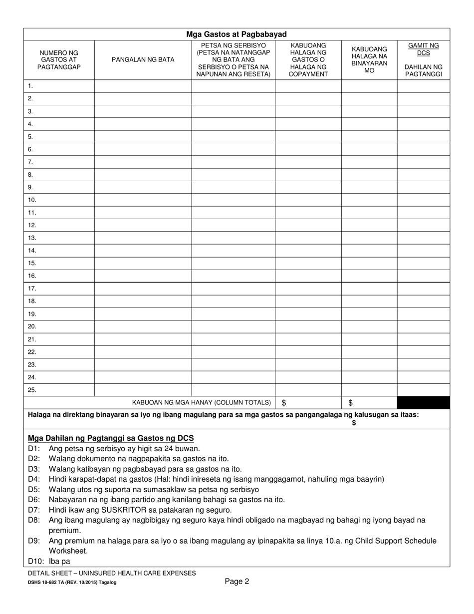 DSHS Form 18-682 Detail Sheet  Uninsured Health Care Expenses - Washington (Tagalog), Page 2