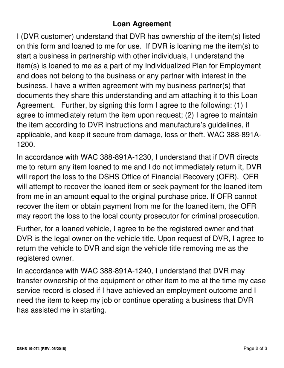DSHS Form 19-074 Loan Agreement for Tools, Equipment, Initial Stock and Supplies, and Devices - Washington, Page 2