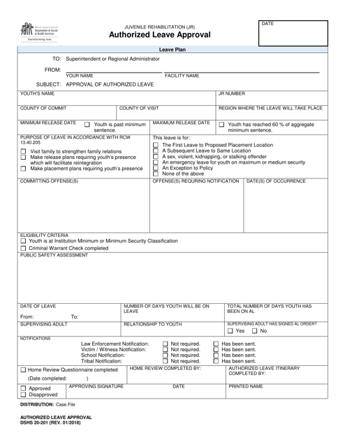 DSHS Form 20-201 Authorized Leave Approval - Washington