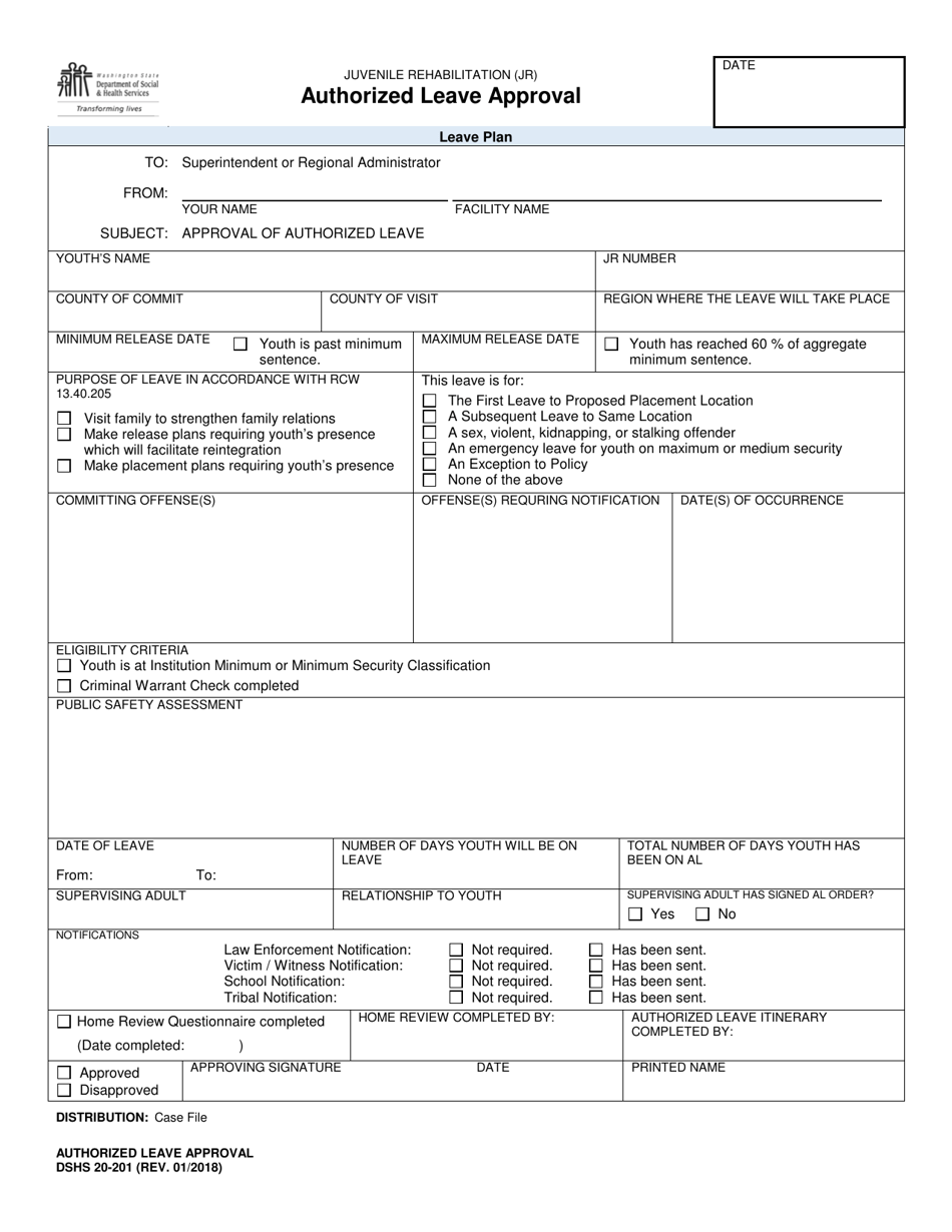 DSHS Form 20-201 Authorized Leave Approval - Washington, Page 1