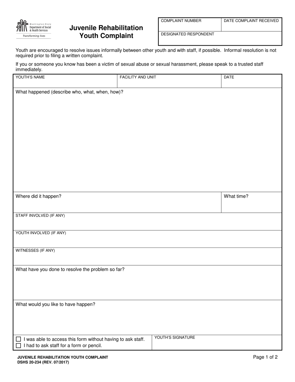 DSHS Form 20-234 Juvenile Rehabilitation Youth Complaint - Washington, Page 1