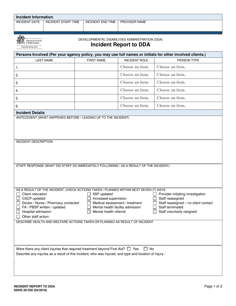 DSHS Form 20-330 Incident Report to Dda - Washington, Page 1