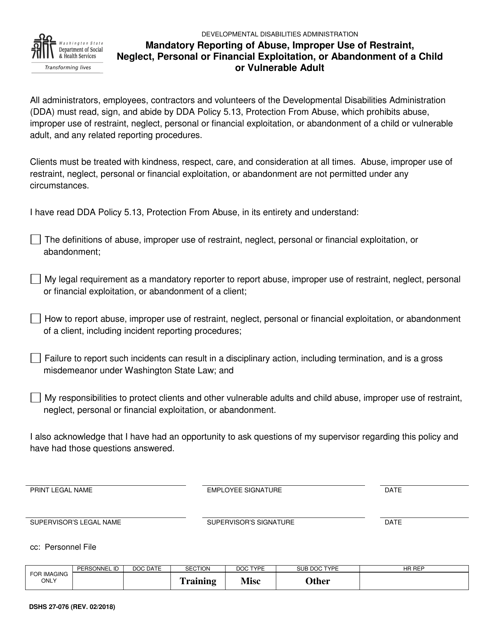 DSHS Form 27-076 Mandatory Reporting of Abuse, Improper Use of Restraint, Neglect, Personal or Financial Exploitation, or Abandonment of a Child or Vulnerable Adult - Washington