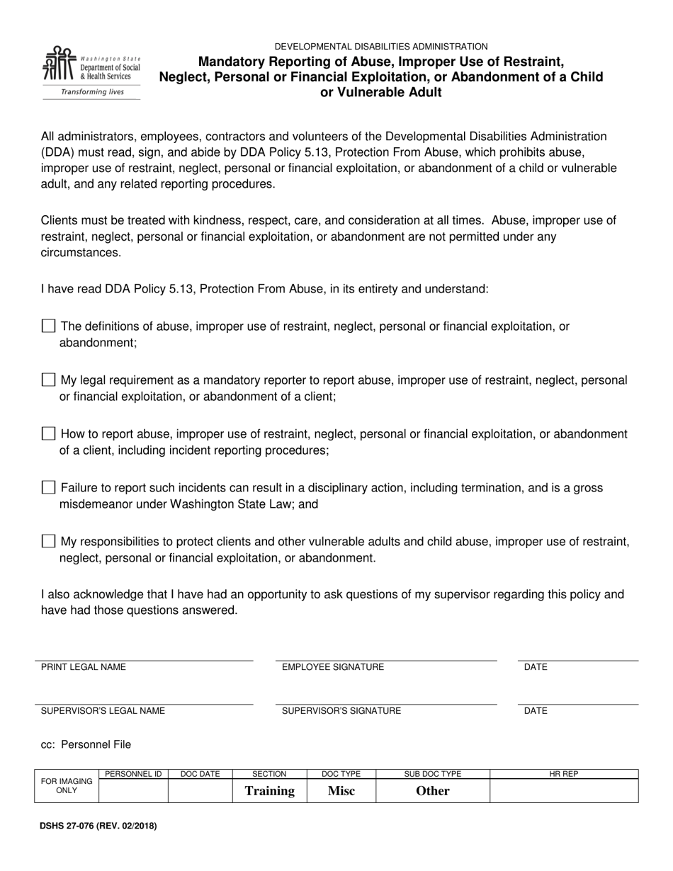 DSHS Form 27-076 Mandatory Reporting of Abuse, Improper Use of Restraint, Neglect, Personal or Financial Exploitation, or Abandonment of a Child or Vulnerable Adult - Washington, Page 1