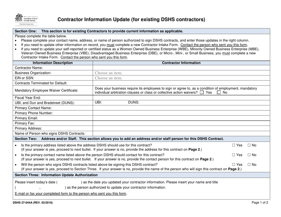 DSHS Form 27-044A Contractor Information Update (For Existing Dshs Contractors) - Washington, Page 1