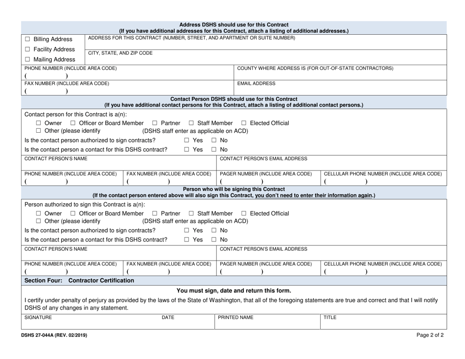 DSHS Form 27-044A Contractor Information Update (For Existing Dshs Contractors) - Washington, Page 2