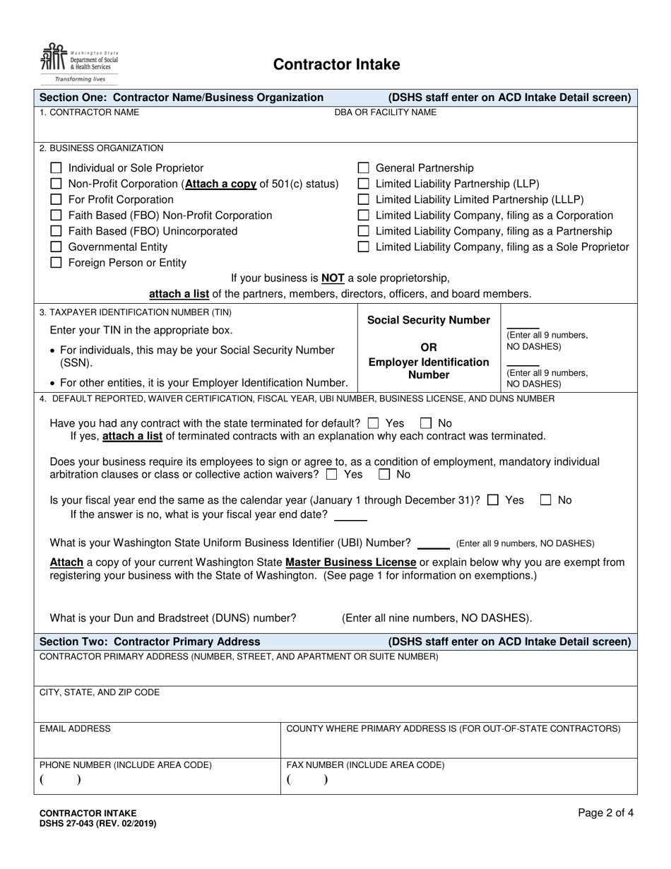 DSHS Form 27-043 Contractor Intake - Washington, Page 2