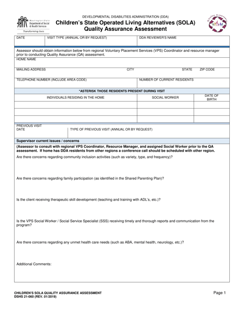 DSHS Form 21-060 Children's State Operated Living Alternatives (Sola) Quality Assurance Assessment - Washington