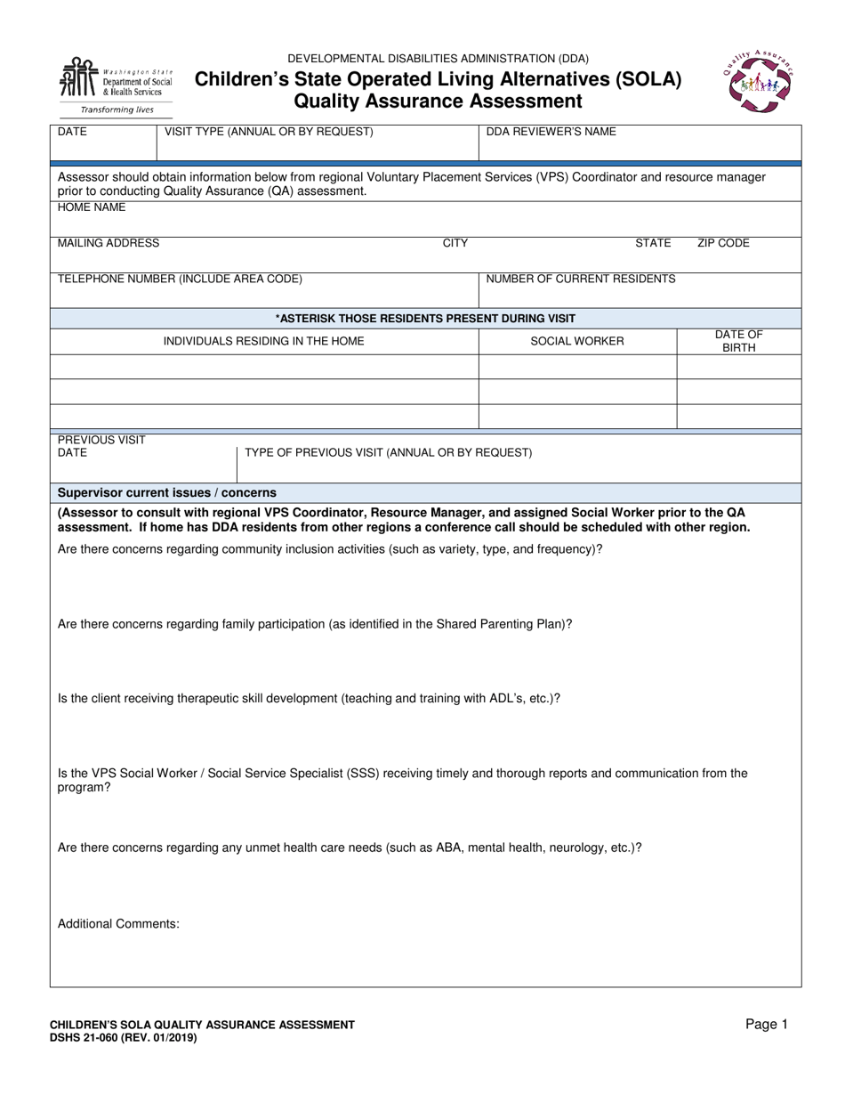 DSHS Form 21-060 Childrens State Operated Living Alternatives (Sola) Quality Assurance Assessment - Washington, Page 1