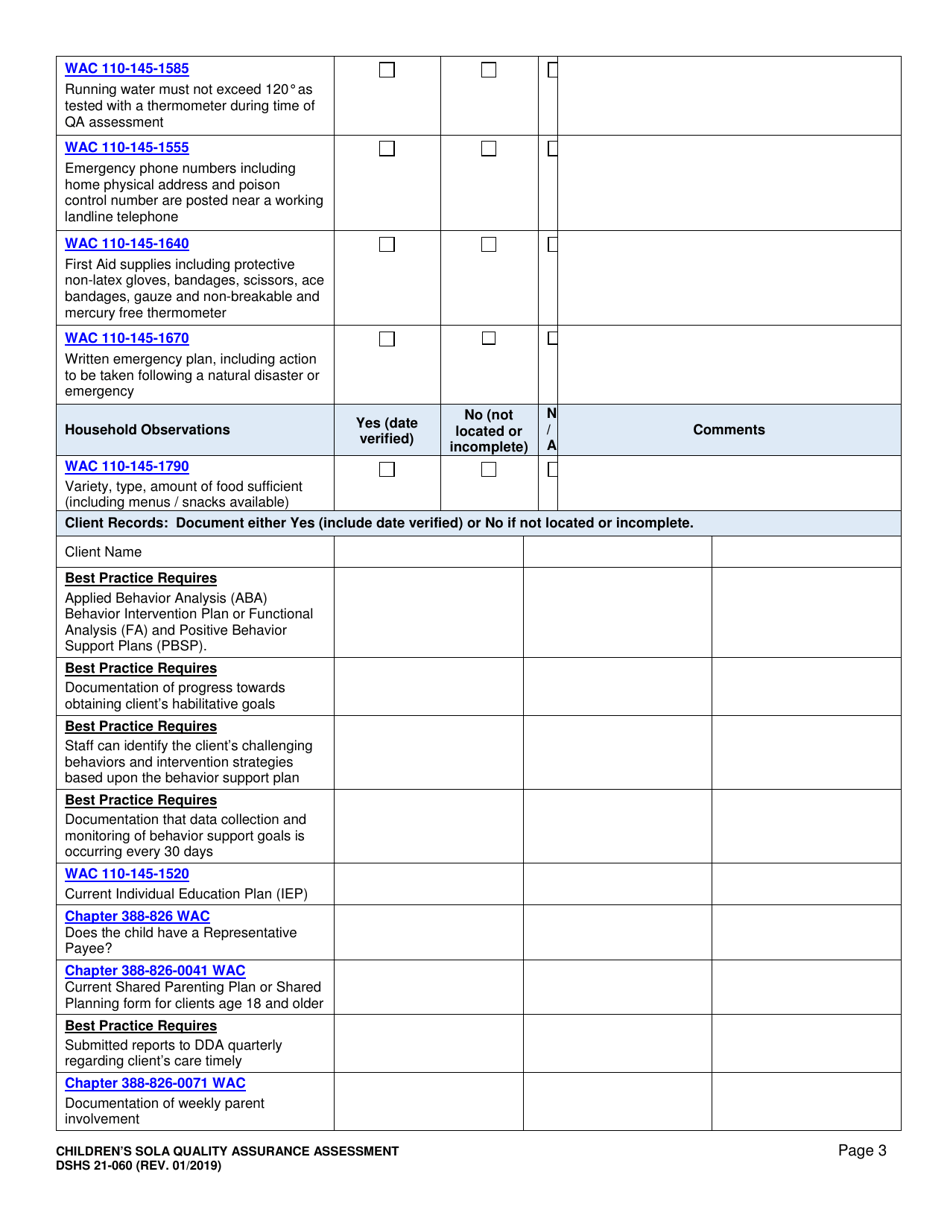DSHS Form 21-060 Childrens State Operated Living Alternatives (Sola) Quality Assurance Assessment - Washington, Page 3
