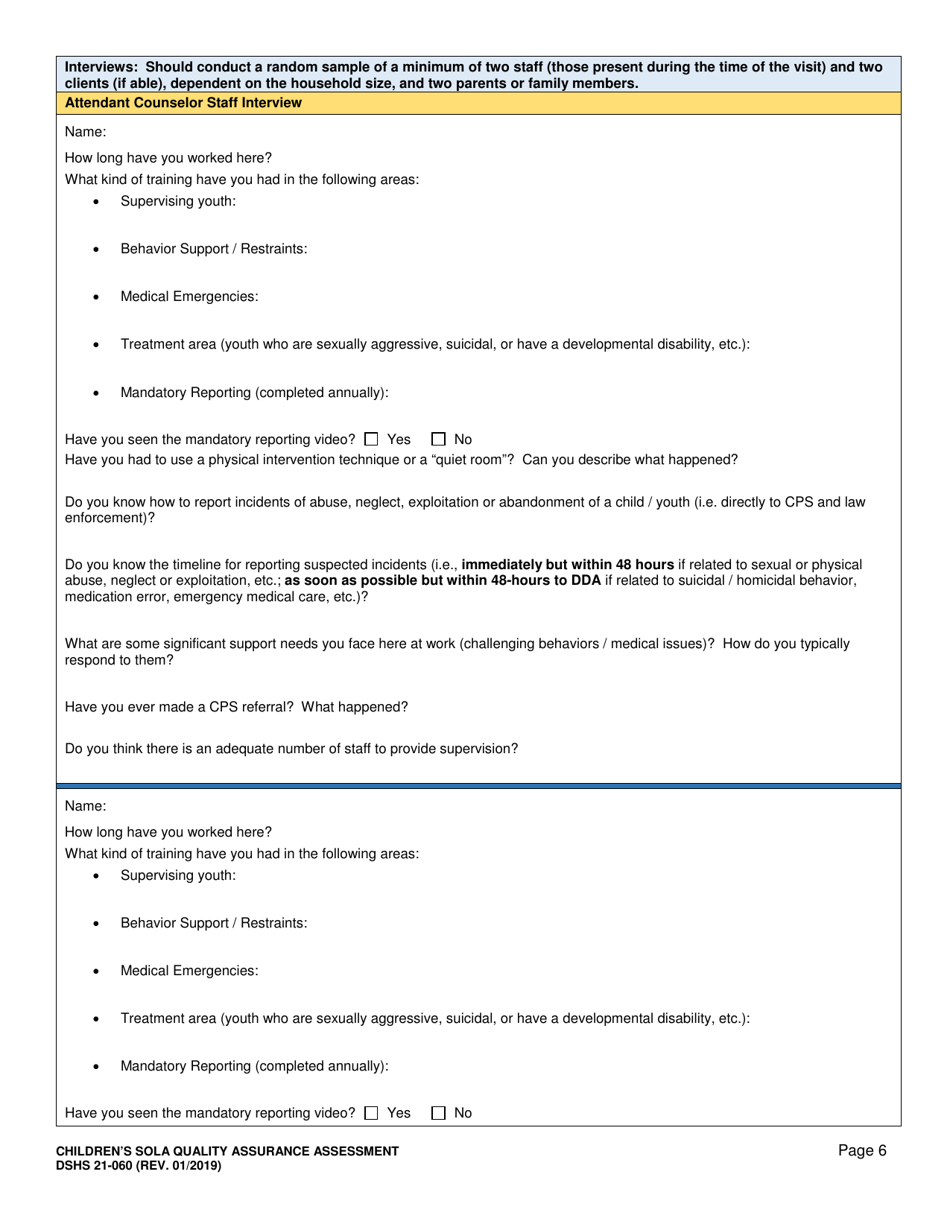 DSHS Form 21-060 Childrens State Operated Living Alternatives (Sola) Quality Assurance Assessment - Washington, Page 6