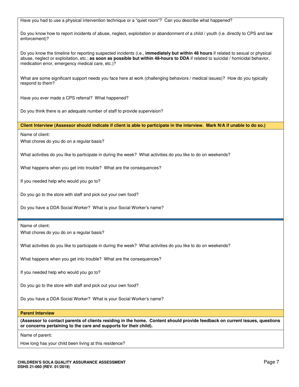 DSHS Form 21-060 Childrens State Operated Living Alternatives (Sola) Quality Assurance Assessment - Washington, Page 7