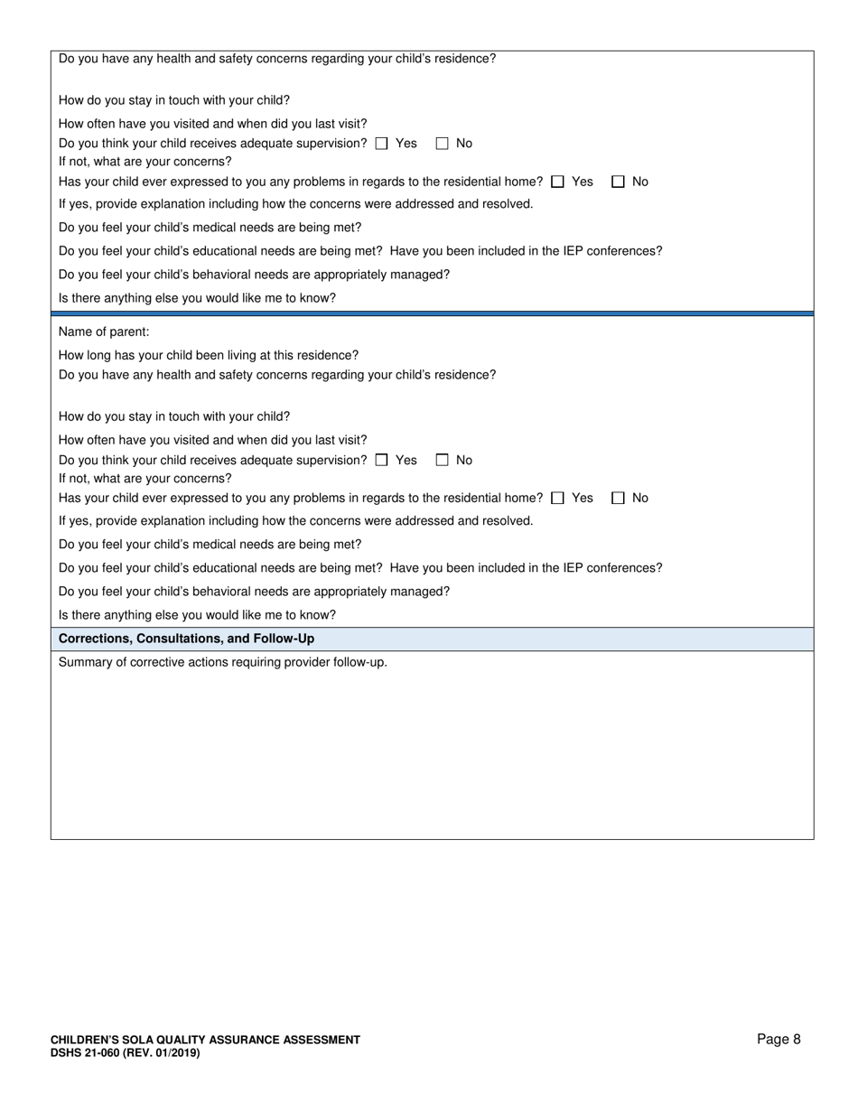 DSHS Form 21-060 Childrens State Operated Living Alternatives (Sola) Quality Assurance Assessment - Washington, Page 8
