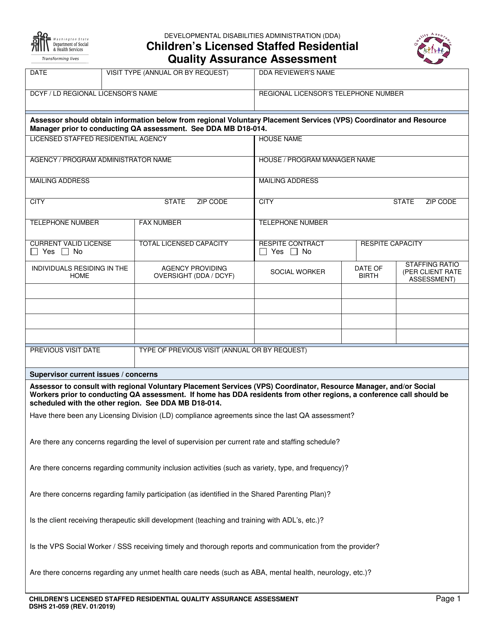 DSHS Form 21-059 Children's Licensed Staffed Residential Quality Assurance Assessment - Washington