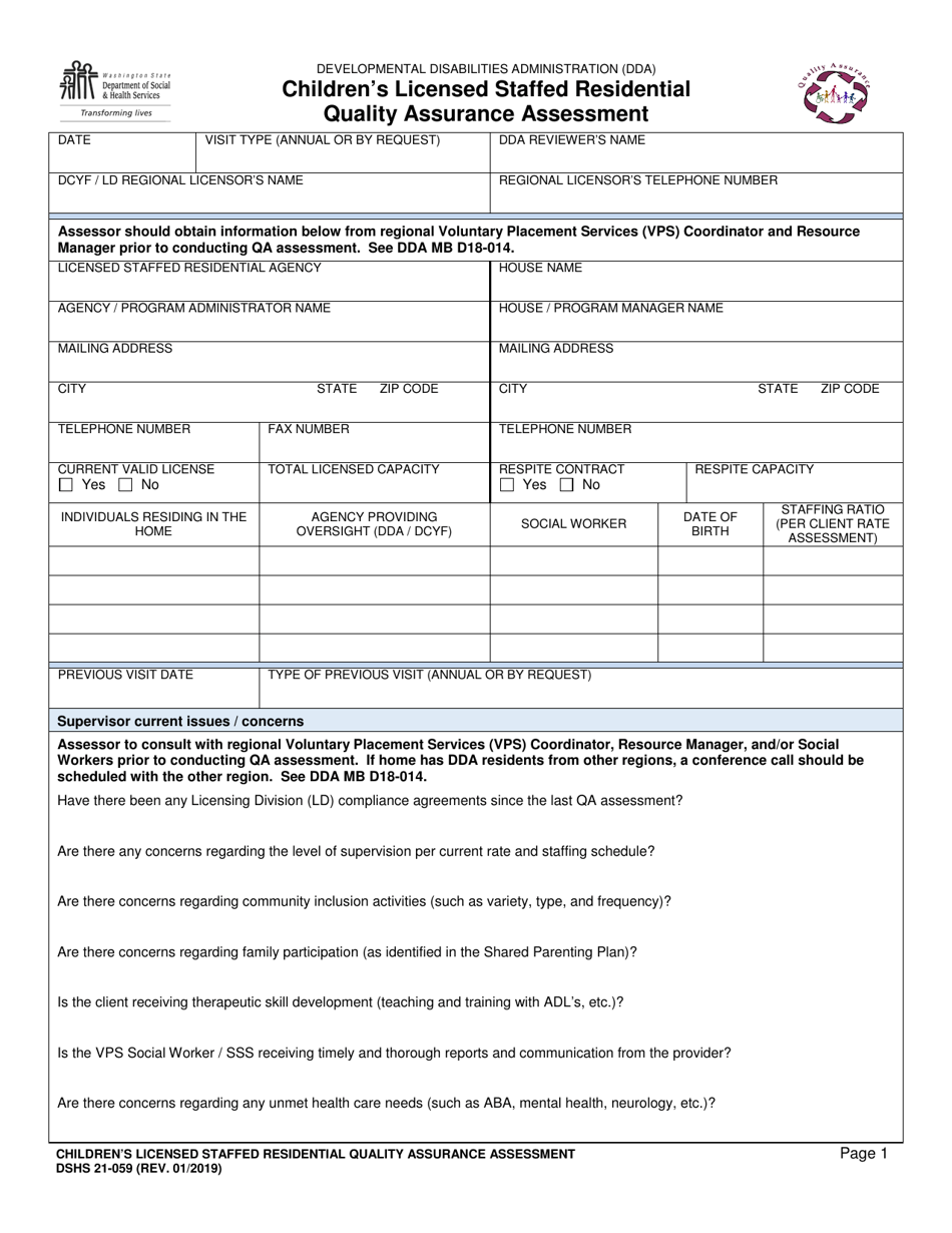 DSHS Form 21-059 Childrens Licensed Staffed Residential Quality Assurance Assessment - Washington, Page 1