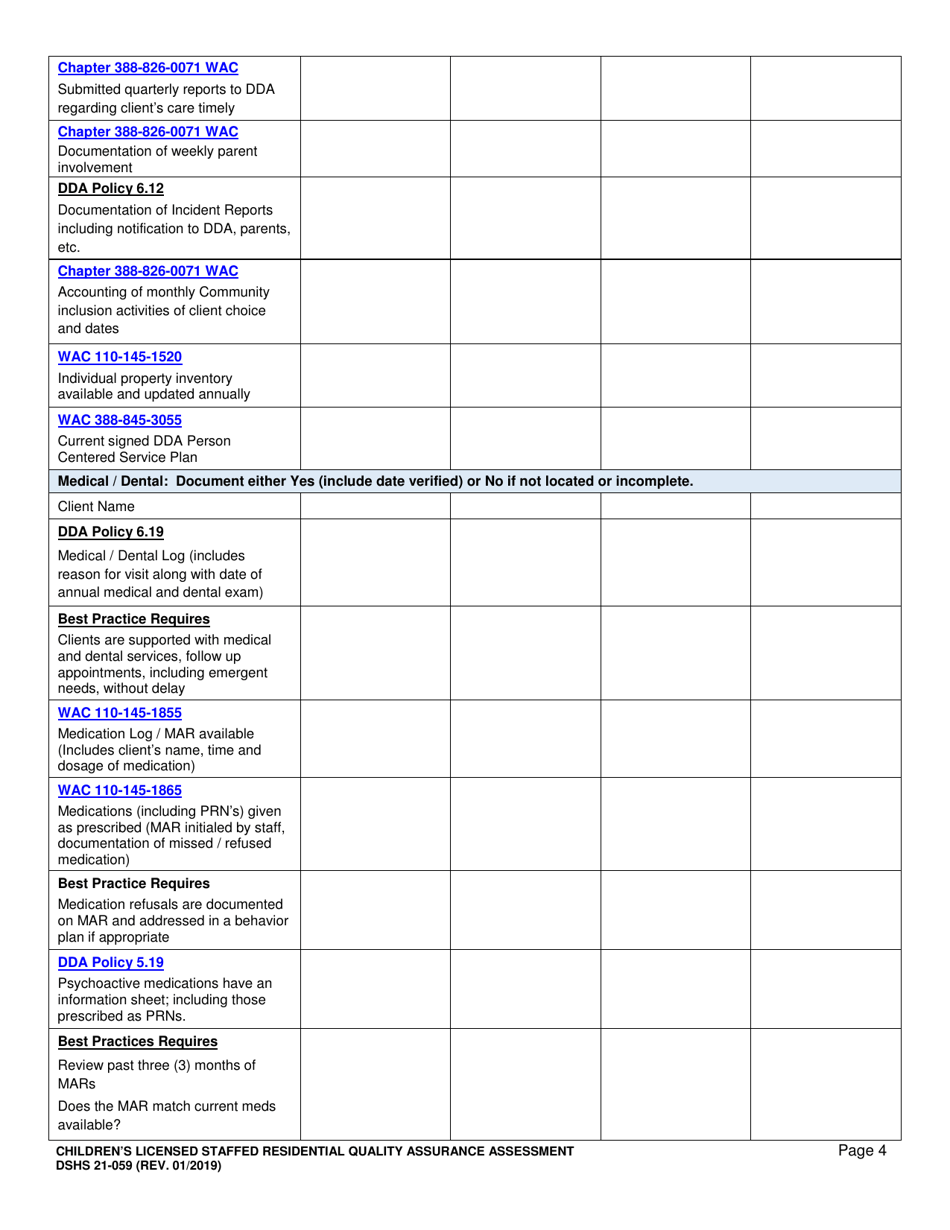 DSHS Form 21-059 Childrens Licensed Staffed Residential Quality Assurance Assessment - Washington, Page 4