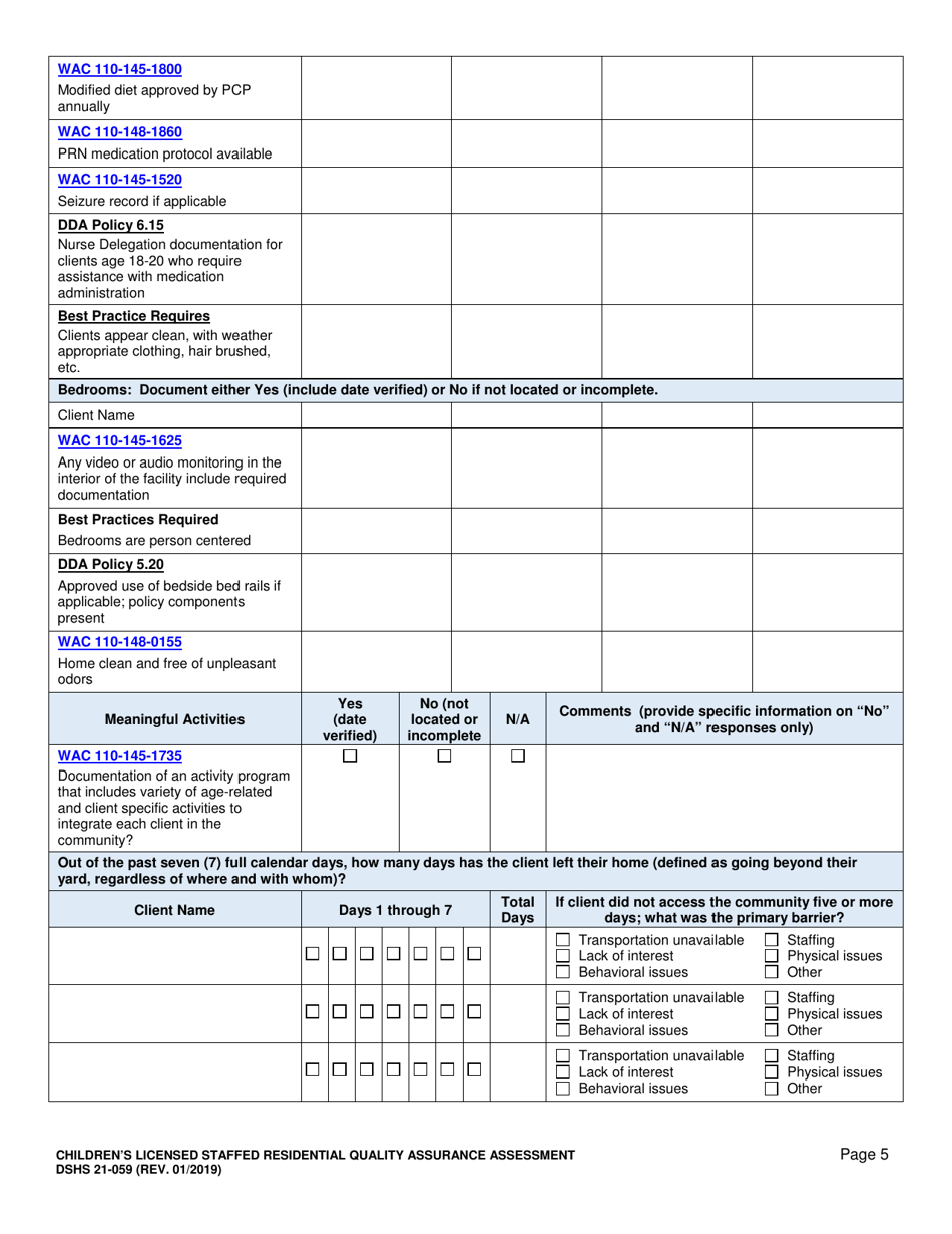 DSHS Form 21-059 Childrens Licensed Staffed Residential Quality Assurance Assessment - Washington, Page 5
