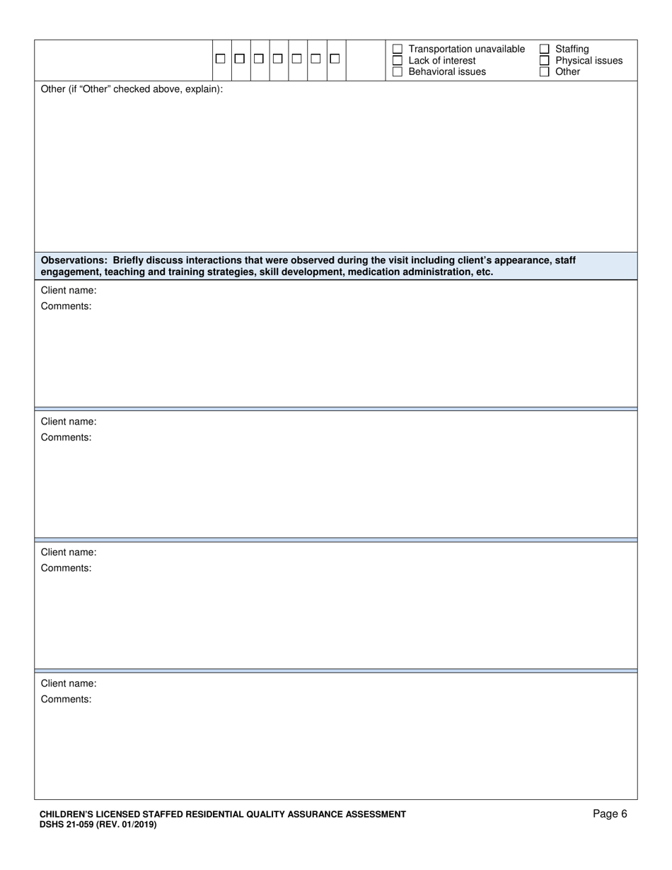 DSHS Form 21-059 Childrens Licensed Staffed Residential Quality Assurance Assessment - Washington, Page 6