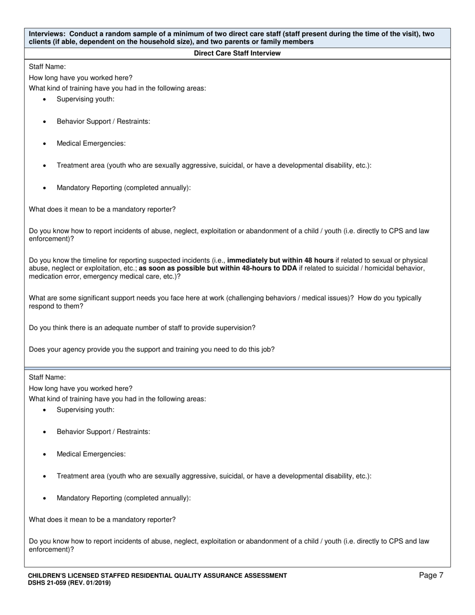 DSHS Form 21-059 Childrens Licensed Staffed Residential Quality Assurance Assessment - Washington, Page 7