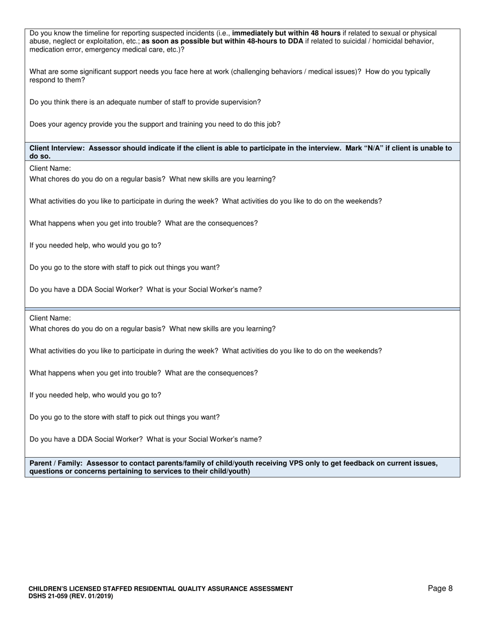 DSHS Form 21-059 Childrens Licensed Staffed Residential Quality Assurance Assessment - Washington, Page 8