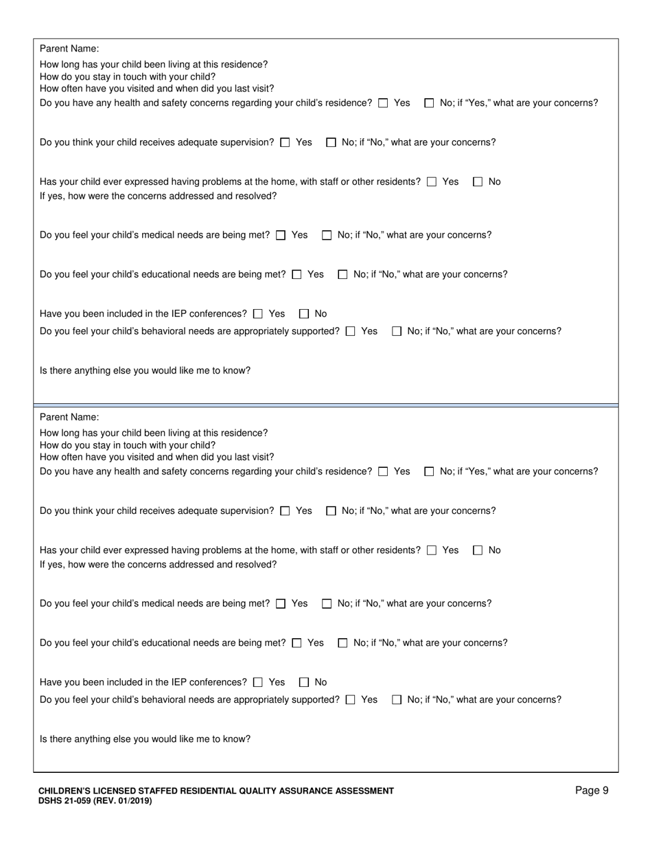 DSHS Form 21-059 Childrens Licensed Staffed Residential Quality Assurance Assessment - Washington, Page 9