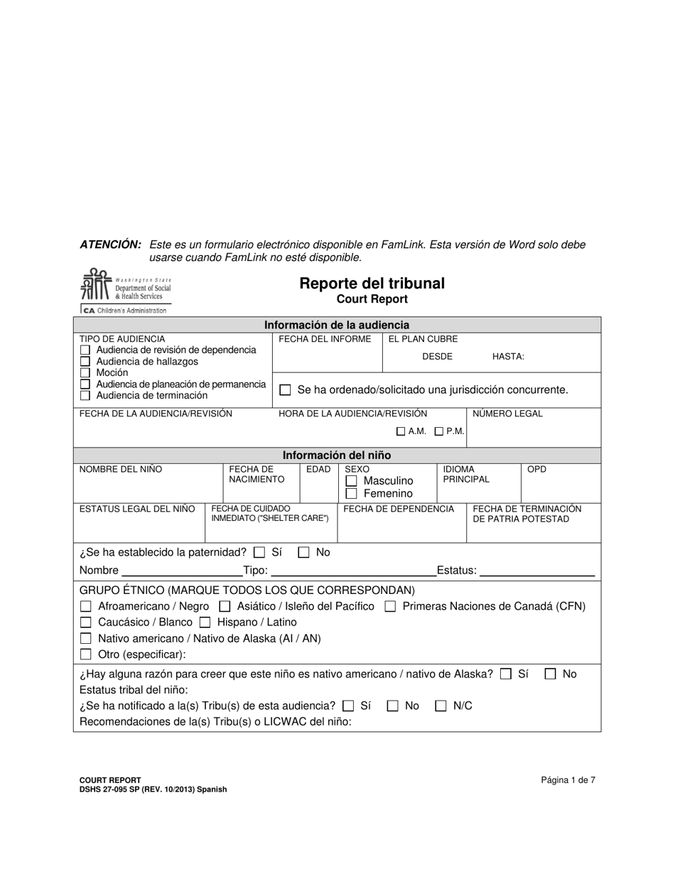 Dshs Formulario 27 095 Fill Out Sign Online And Download Printable