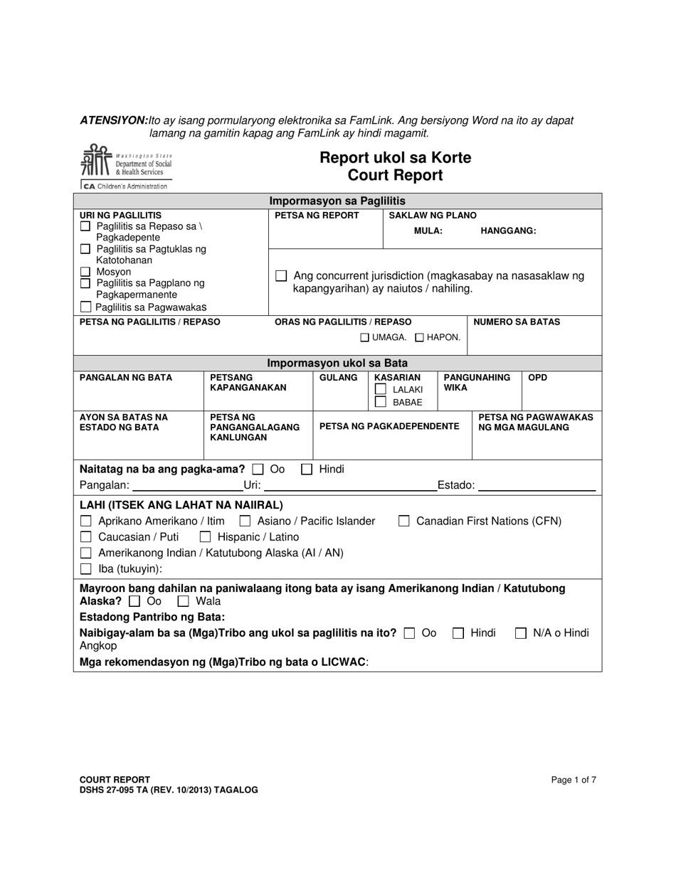 DSHS Form 27-095 Court Report - Washington (Tagalog), Page 1