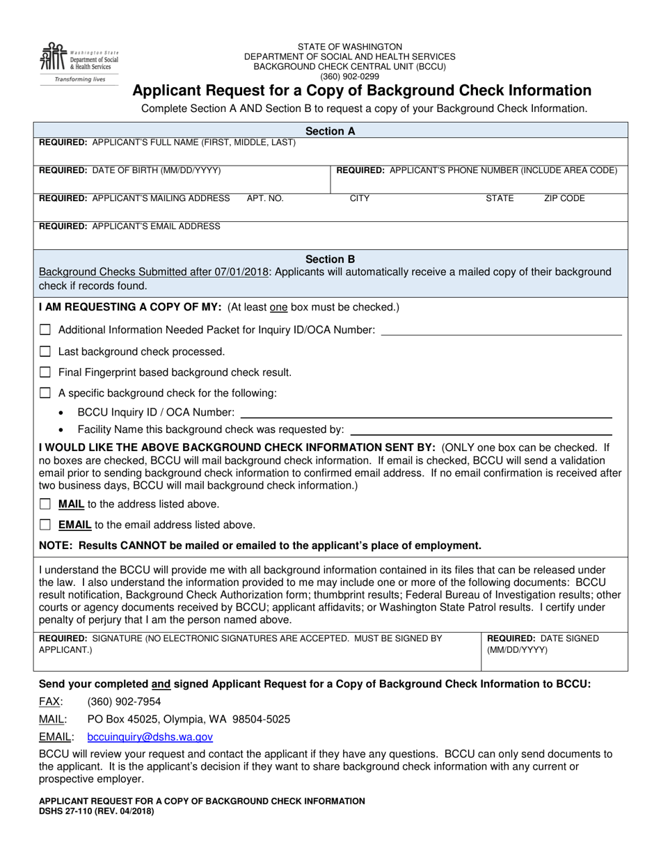 DSHS Form 27-110 Applicant Request for a Copy of Background Check Information - Washington, Page 1