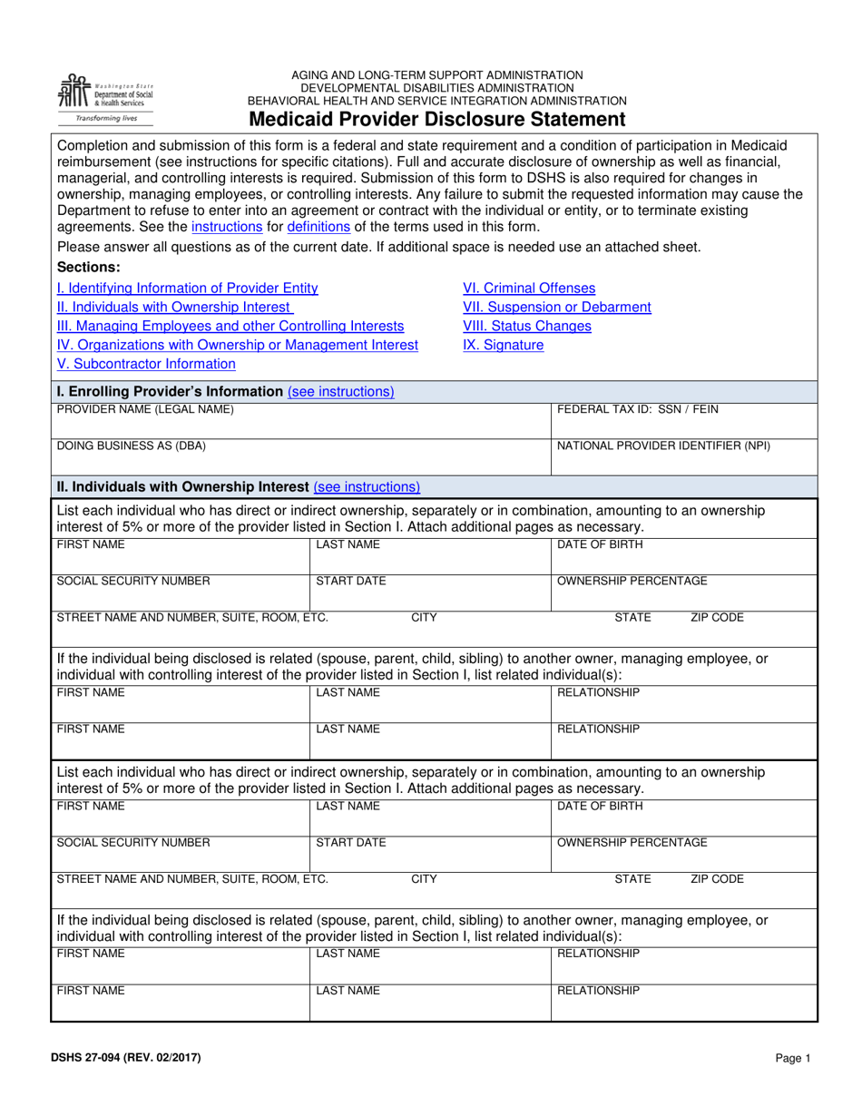 DSHS Form 27-094 Medicaid Provider Disclosure Statement - Washington, Page 1
