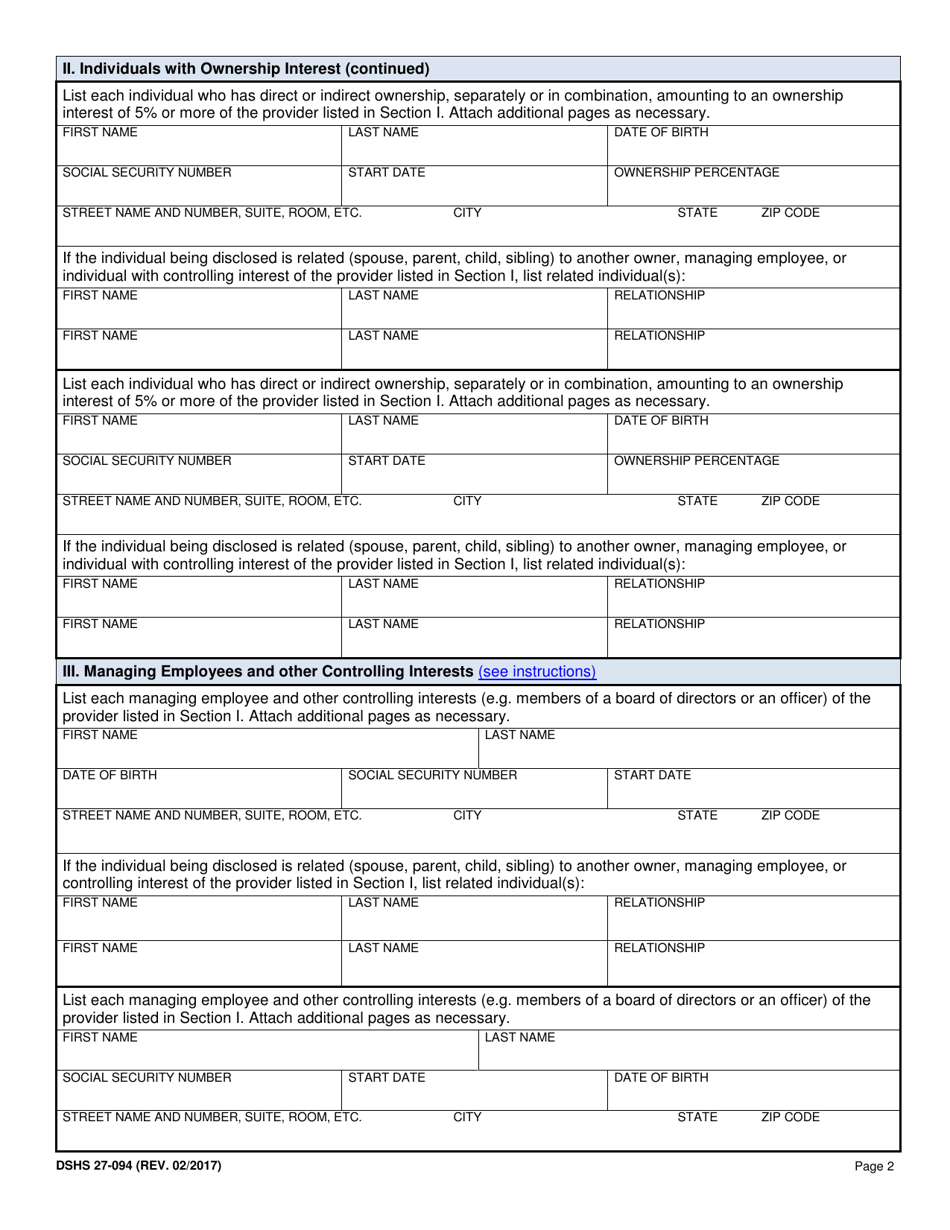 DSHS Form 27-094 Medicaid Provider Disclosure Statement - Washington, Page 2