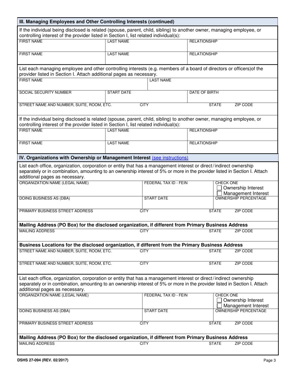 DSHS Form 27-094 Medicaid Provider Disclosure Statement - Washington, Page 3