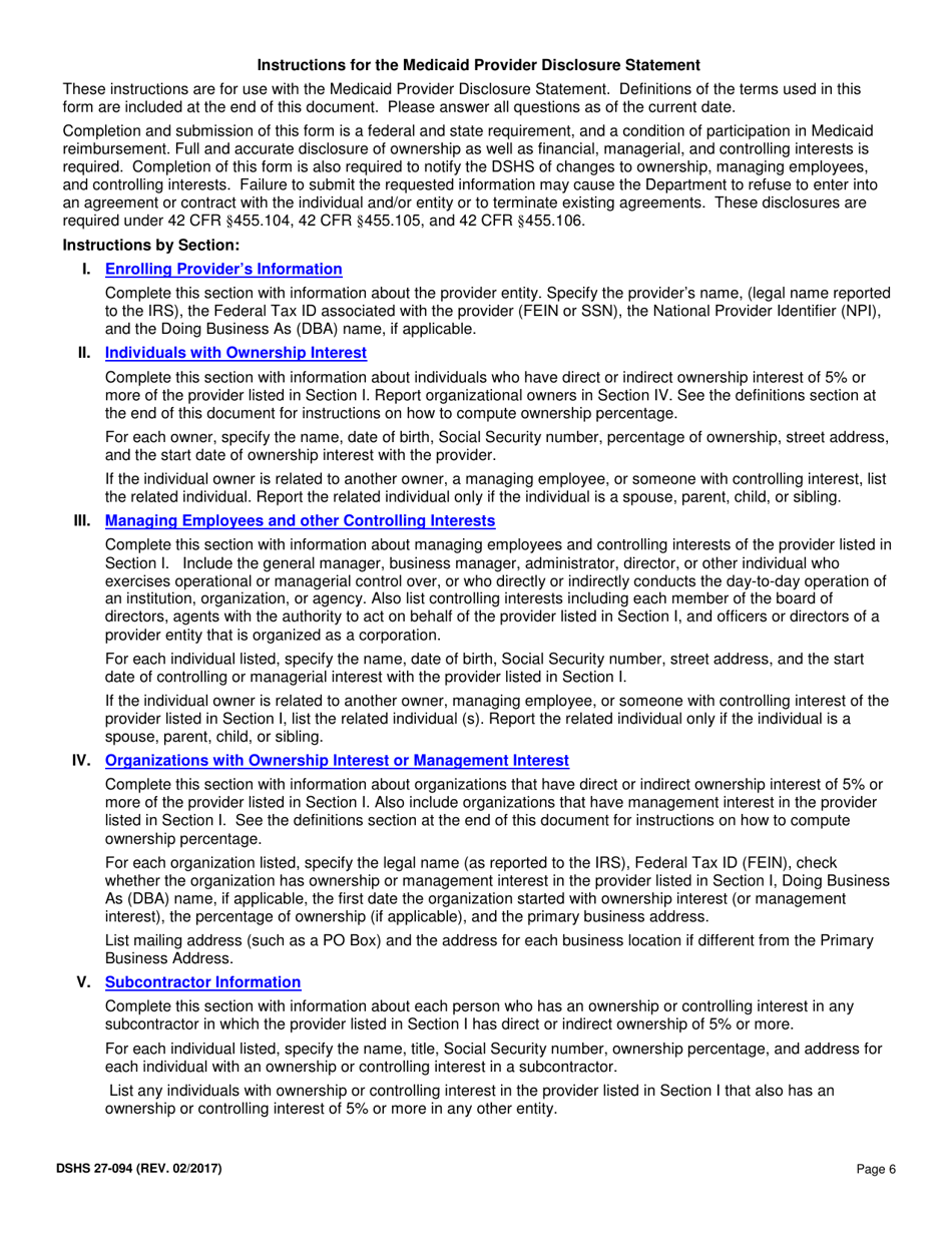 DSHS Form 27-094 Medicaid Provider Disclosure Statement - Washington, Page 6