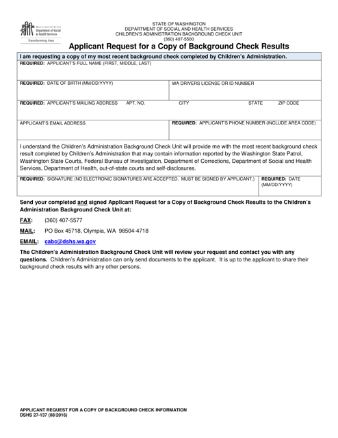DSHS Form 27-137 Applicant Request for a Copy of Background Check Results - Washington