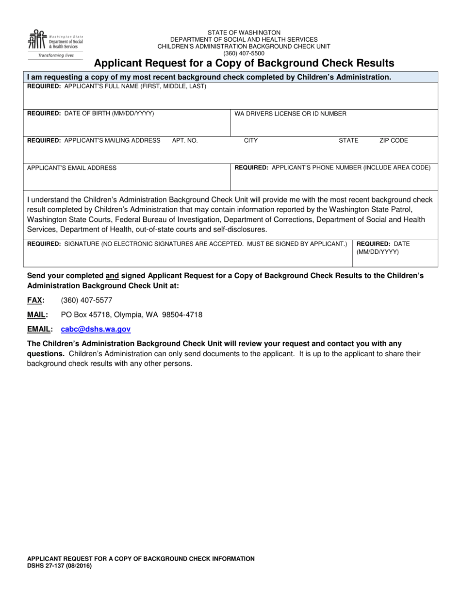 Dshs Form 27 137 Fill Out Sign Online And Download Printable Pdf