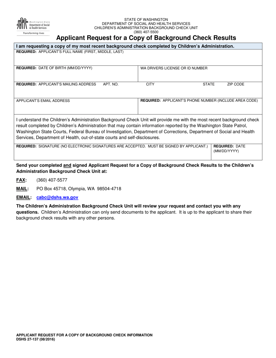DSHS Form 27-137 Applicant Request for a Copy of Background Check Results - Washington, Page 1